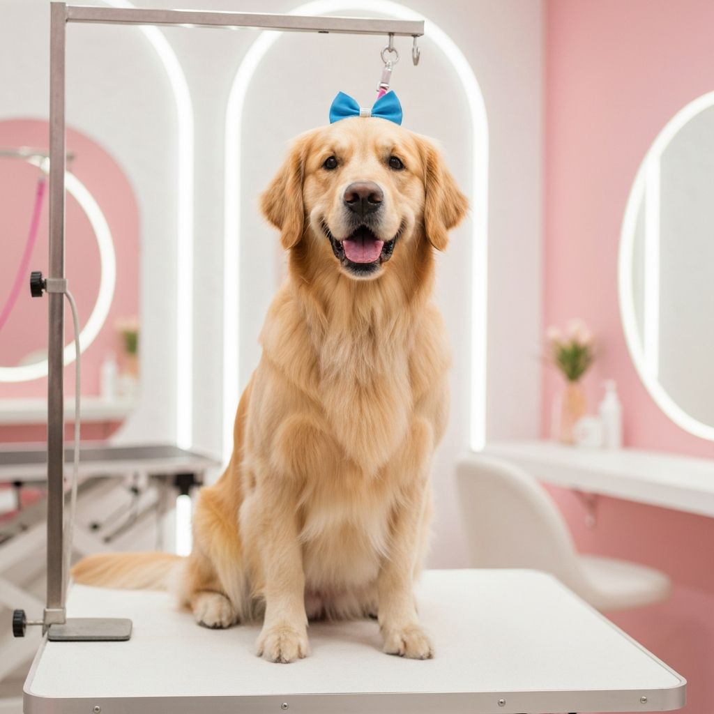 A beautifully groomed golden retriever at PawfectGlow studio